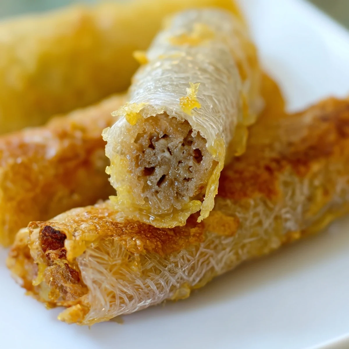 Golden, crispy Cha Gio spring rolls resting on a plate, ready to serve with fresh lettuce and herbs for a flavorful appetizer.