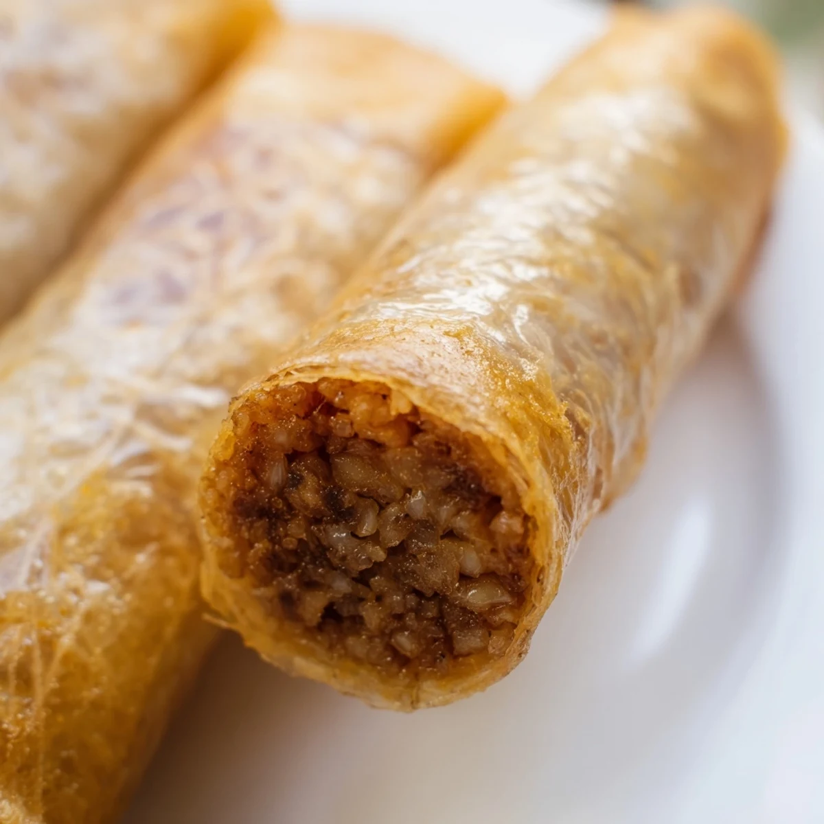 A close look at golden-brown Cha Gio spring rolls, showing their crispy texture beside a bowl of fresh dipping sauce.