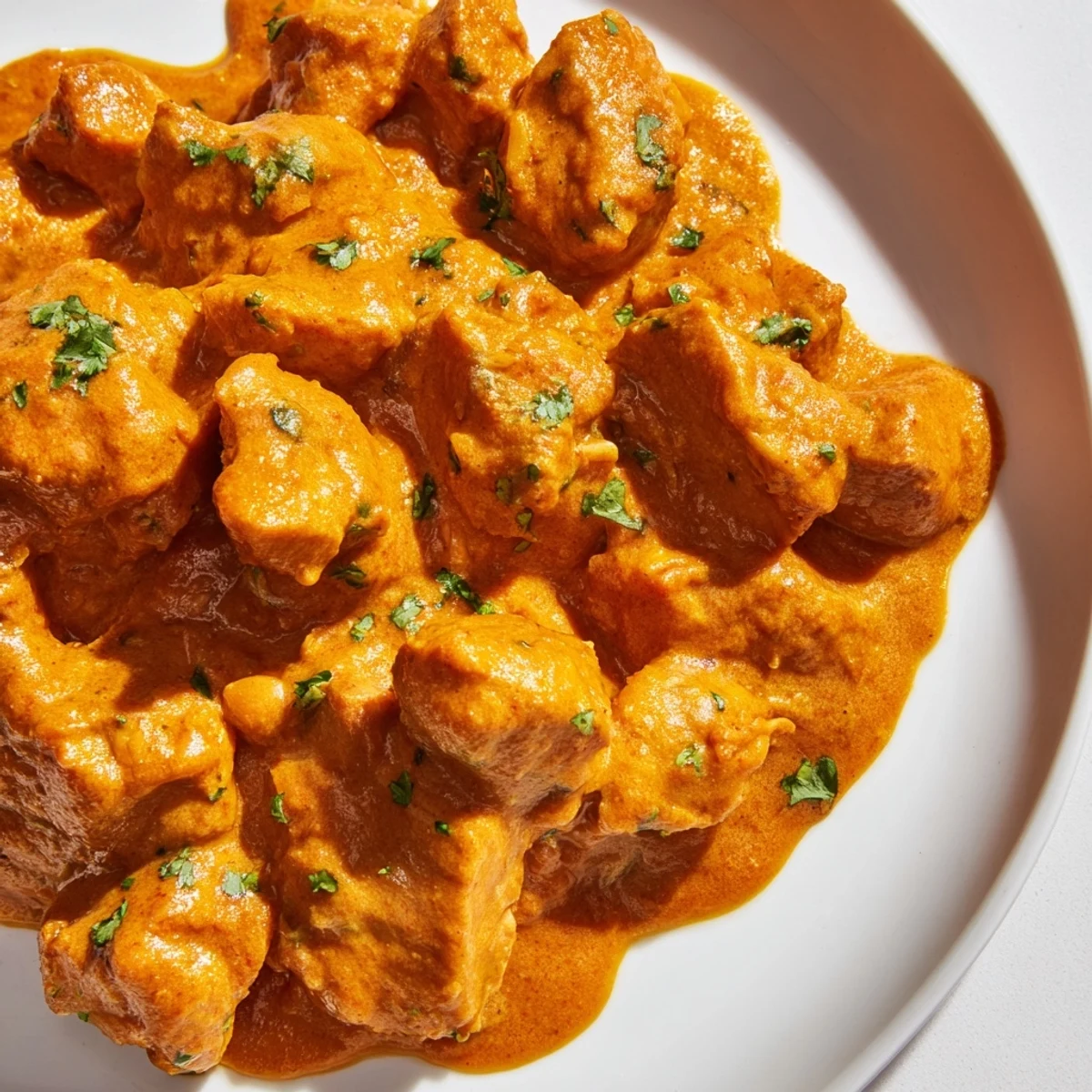 Golden vegetable fritters beside a rich butter chicken curry, perfect for serving with naan.