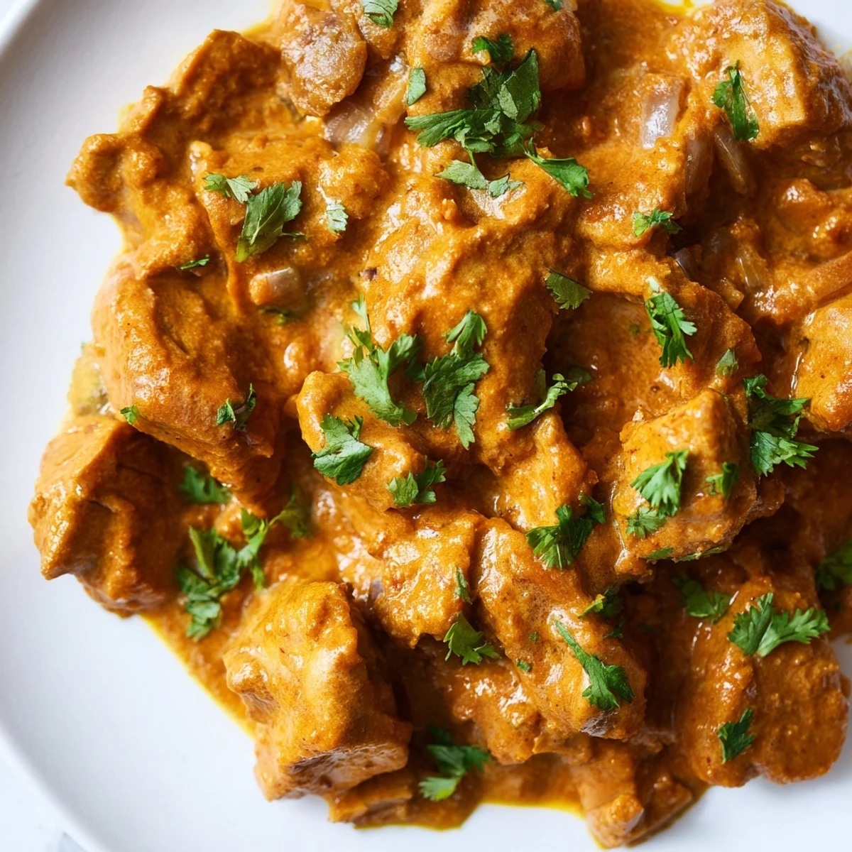 Creamy butter chicken and vegetable fritters garnished with fresh cilantro on a rustic plate.