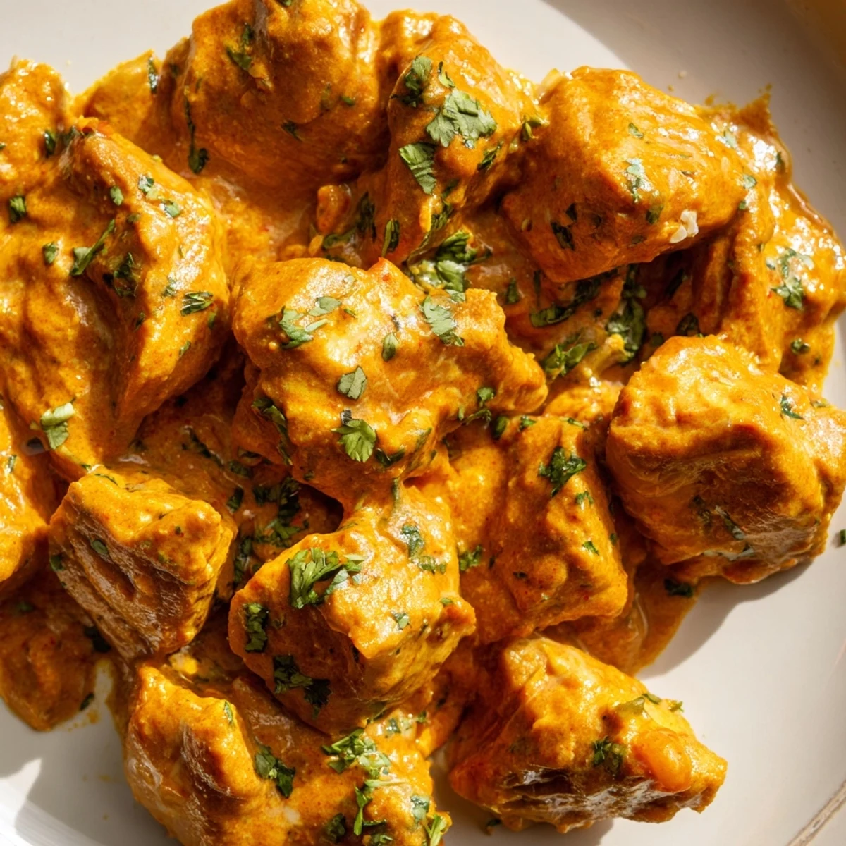 Spiced butter chicken with crispy vegetable fritters, ideal for a warm Indian-inspired dinner.