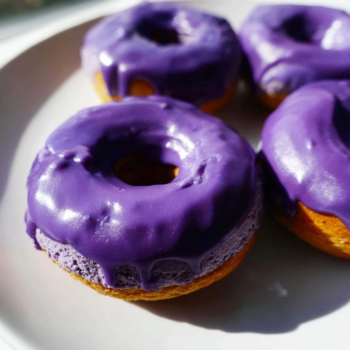 Golden-brown Ube Mochi Donuts arranged on a plate, showcasing their crispy exterior and soft, chewy mochi interior.