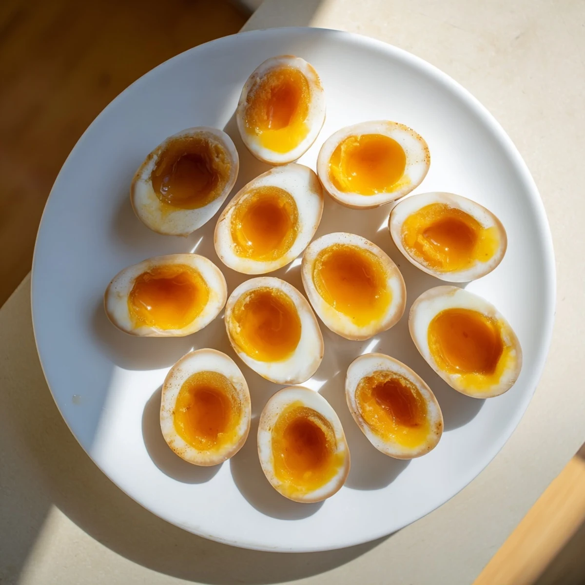 A close-up of Ramen Eggs sliced in half, showing a jammy golden yolk inside a soy-marinated egg white.