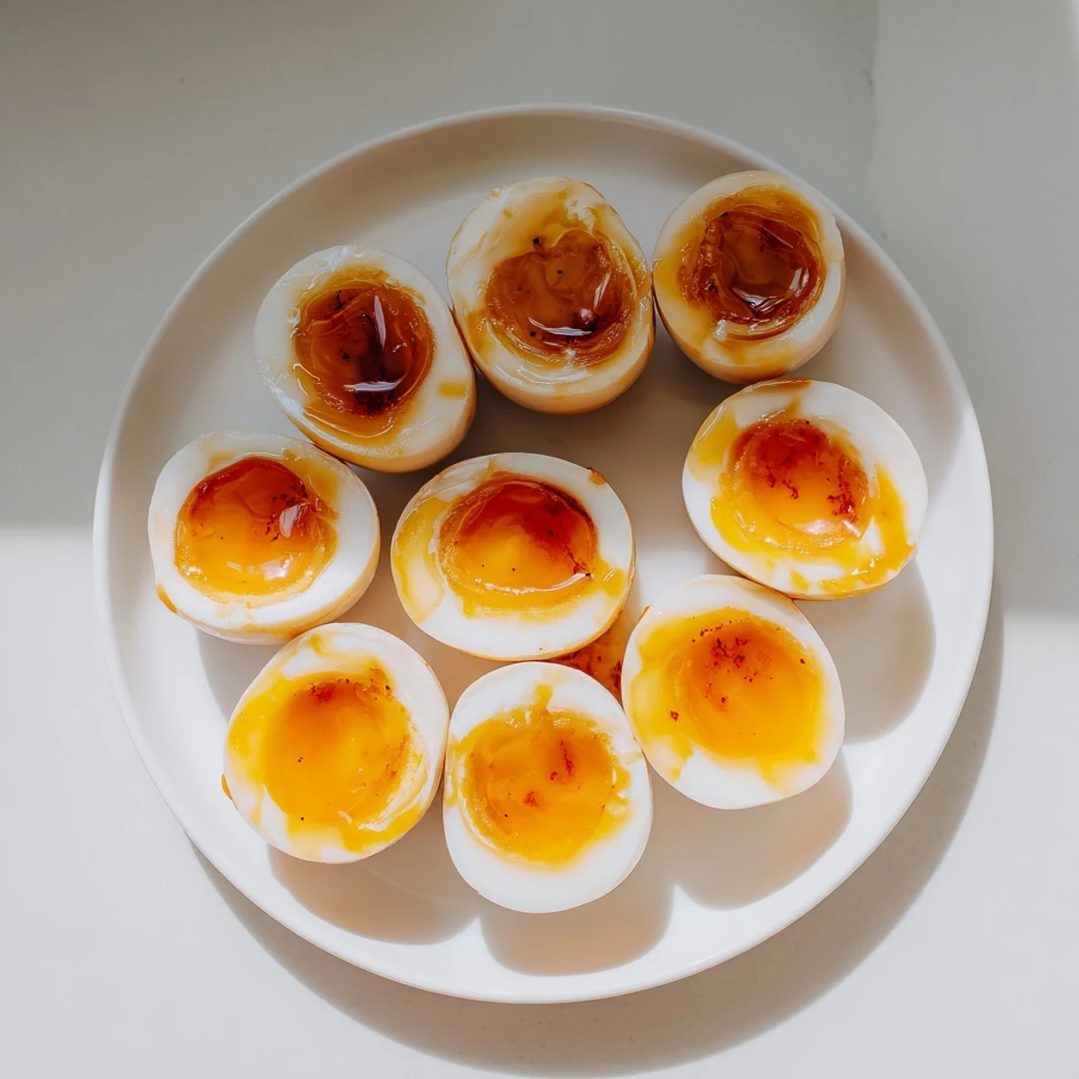 Ramen Eggs glistening with savory marinade, served atop a steaming bowl of ramen with green onions.