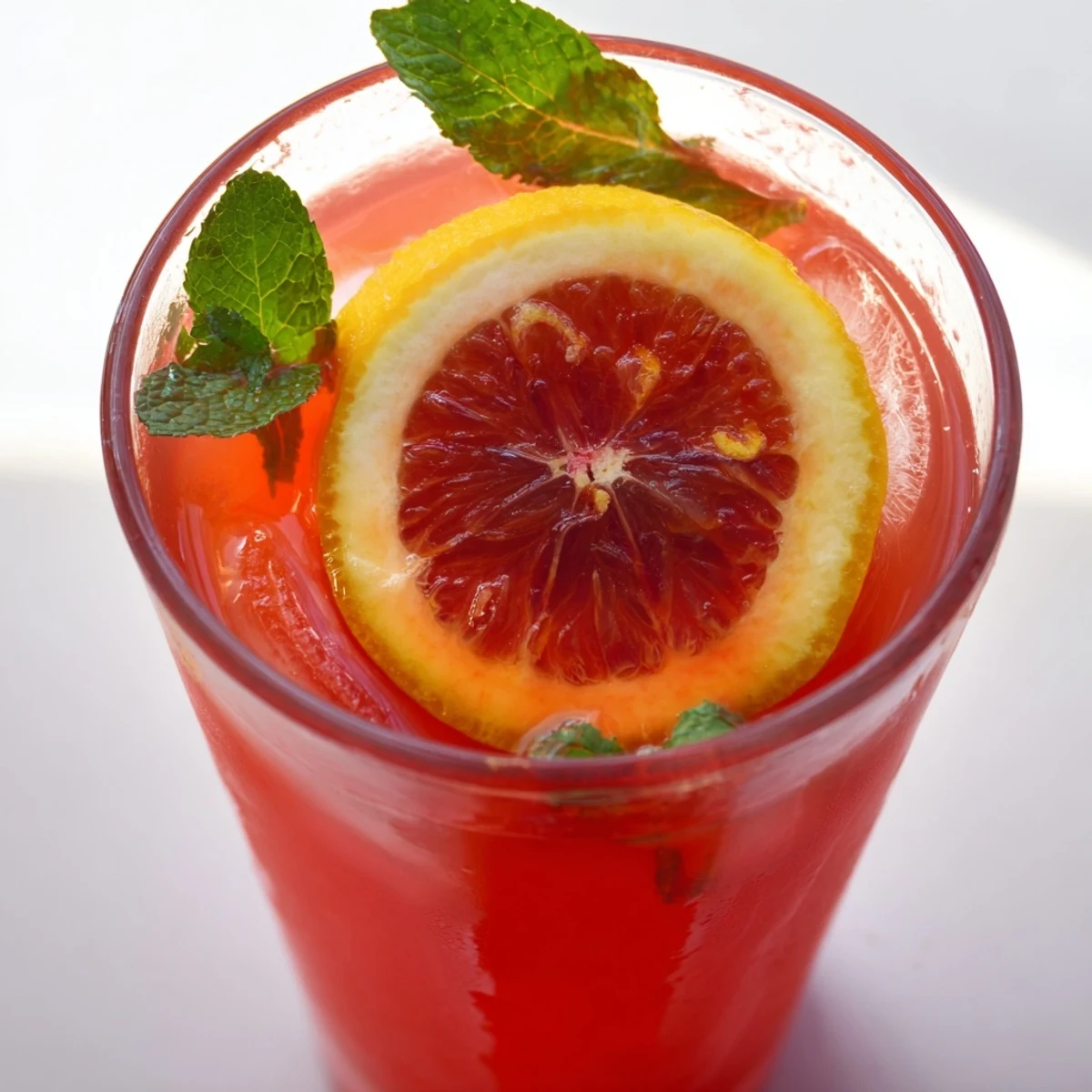 Frosted glasses of Blood Orange Lemonade glisten with ice, garnished with fresh mint leaves and vibrant citrus slices.