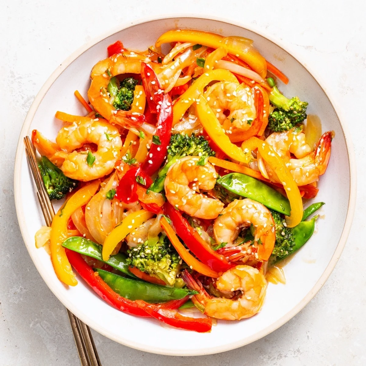 A close-up of Shrimp Stir Fry in a skillet, featuring plump pink shrimp and vibrant bell peppers in a glossy, savory sauce.