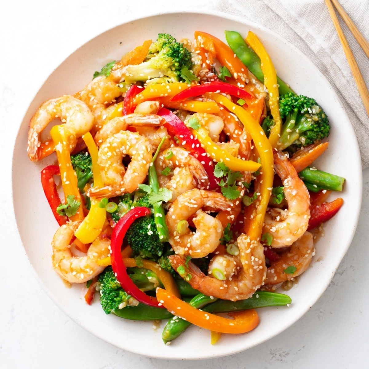 An action shot of Shrimp Stir Fry being tossed in a hot wok, with steam rising from crisp vegetables and tender shrimp.