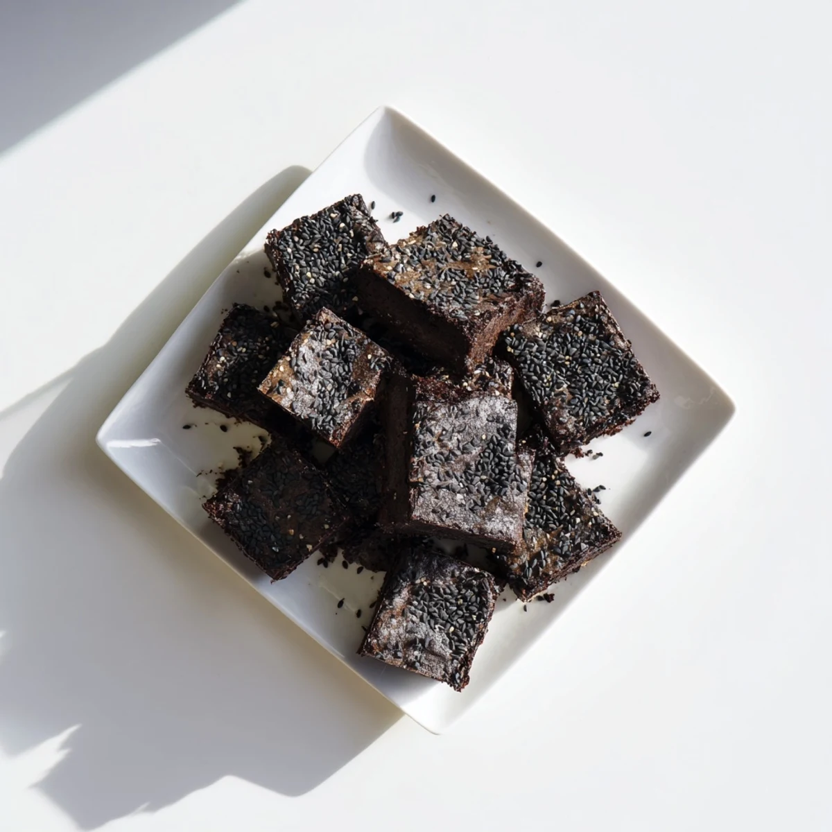 Warmly lit photo of fudgy Black Sesame Brownies with a crackly top and visible sesame flecks, cut into squares on a rustic plate.