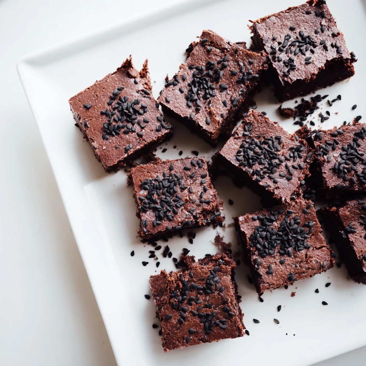 Close-up of freshly baked Black Sesame Brownies topped with black sesame seeds, showcasing the rich, nutty swirls in the batter.