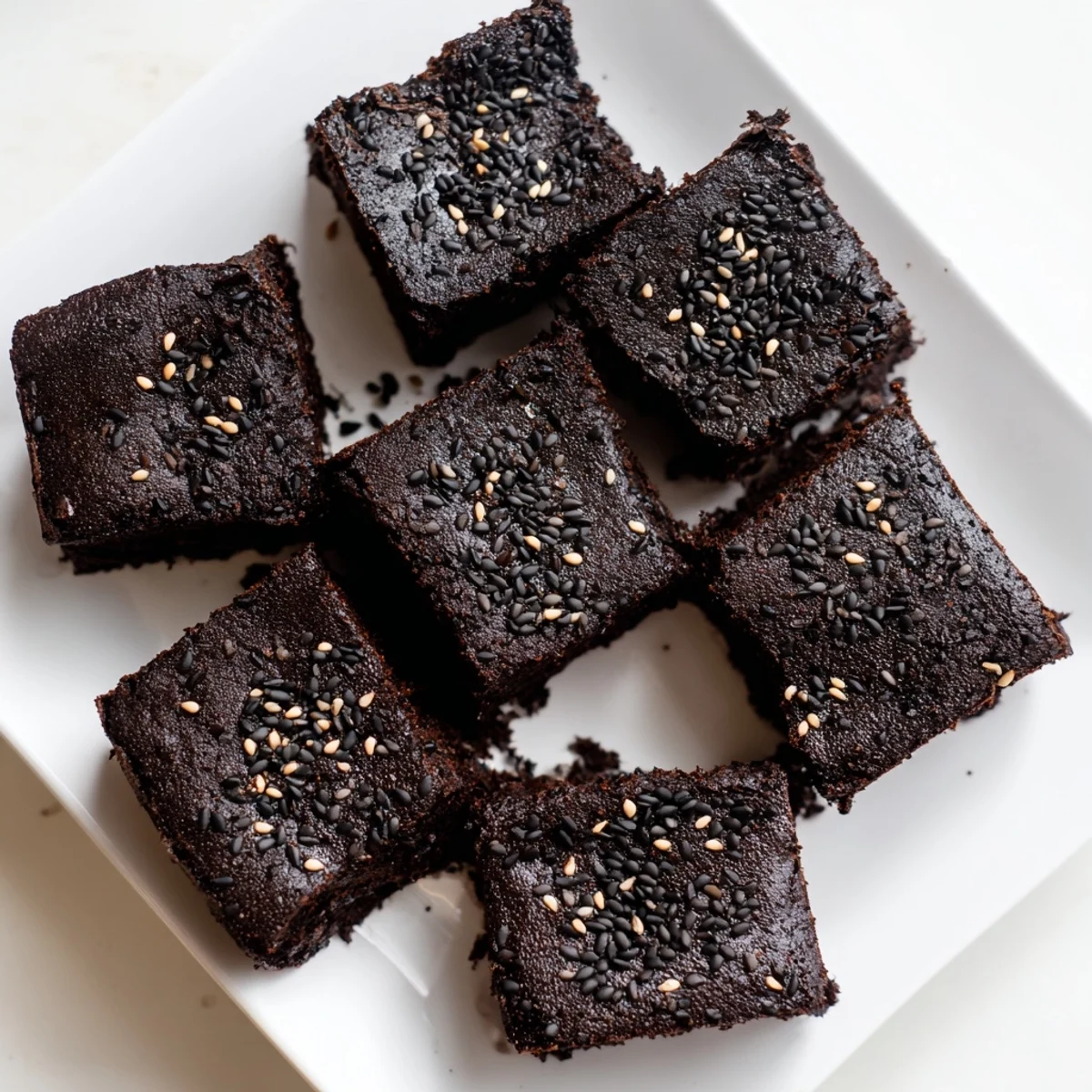 Sliced Black Sesame Brownies revealing a moist, chocolatey crumb, served alongside a scoop of vanilla ice cream for a decadent dessert.