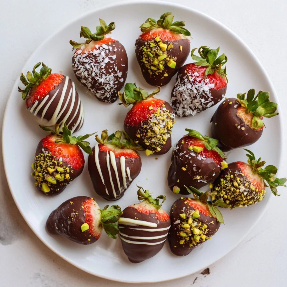 Fresh Chocolate Covered Strawberries for Valentines Day, dipped in rich dark chocolate and topped with chopped pistachios.