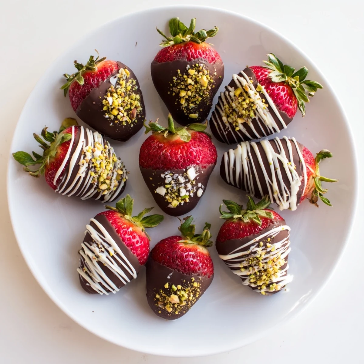 A platter of Chocolate Covered Strawberries for Valentines Day, drizzled with white chocolate and served with champagne.