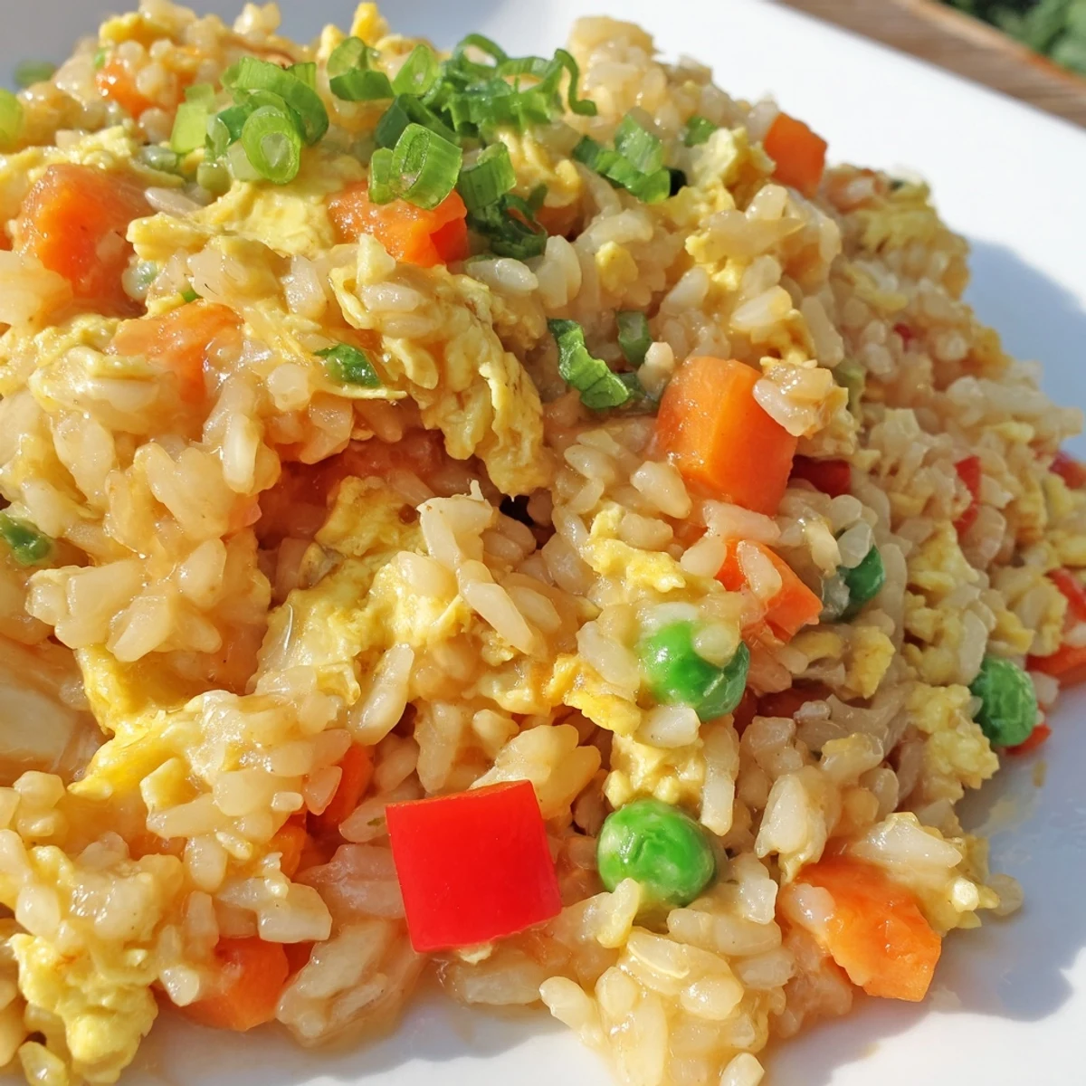 Colorful Bang Bang Fried Rice with fluffy grains tossed with red bell peppers, carrots, and green onions, drizzled with creamy spicy Bang Bang sauce.