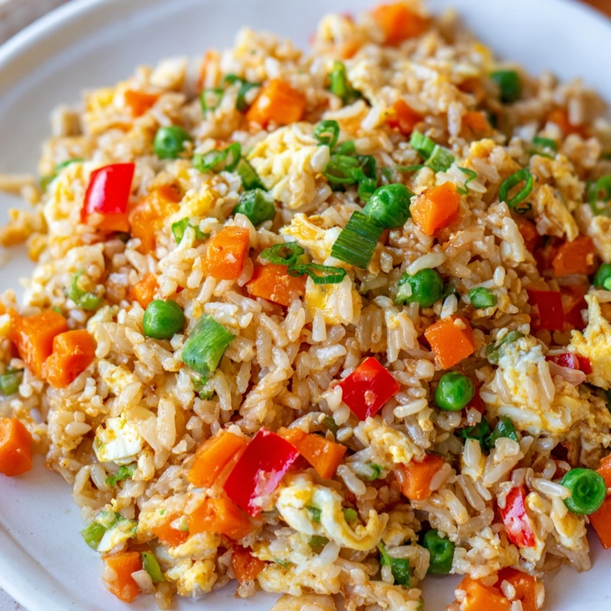 Spicy Bang Bang Fried Rice in a white bowl, topped with green onions and lime wedges, served beside chopsticks on a rustic wood table.