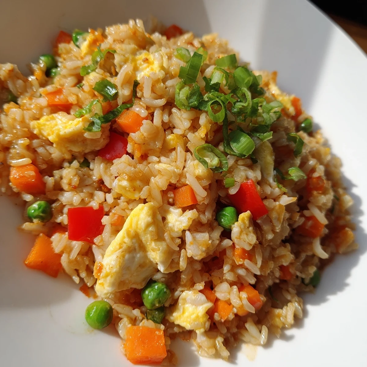 Wok-fried Bang Bang Fried Rice with golden scrambled eggs, vibrant vegetables, and glossy chili-mayo sauce, ready to enjoy for a quick weeknight meal.