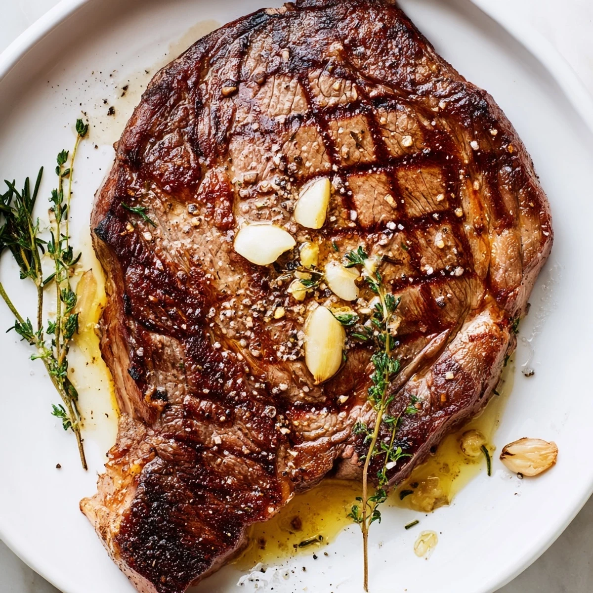 Freshly seared Pan Seared Ribeye Steak rests on a wooden board with garlic and herbs nearby.  
