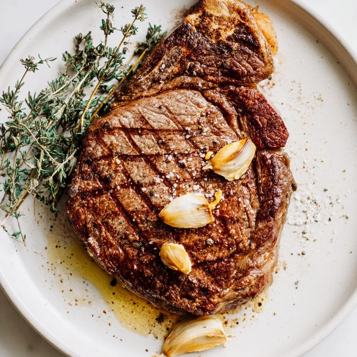 Sliced Pan Seared Ribeye Steak served medium-rare with roasted potatoes and fresh thyme garnish.