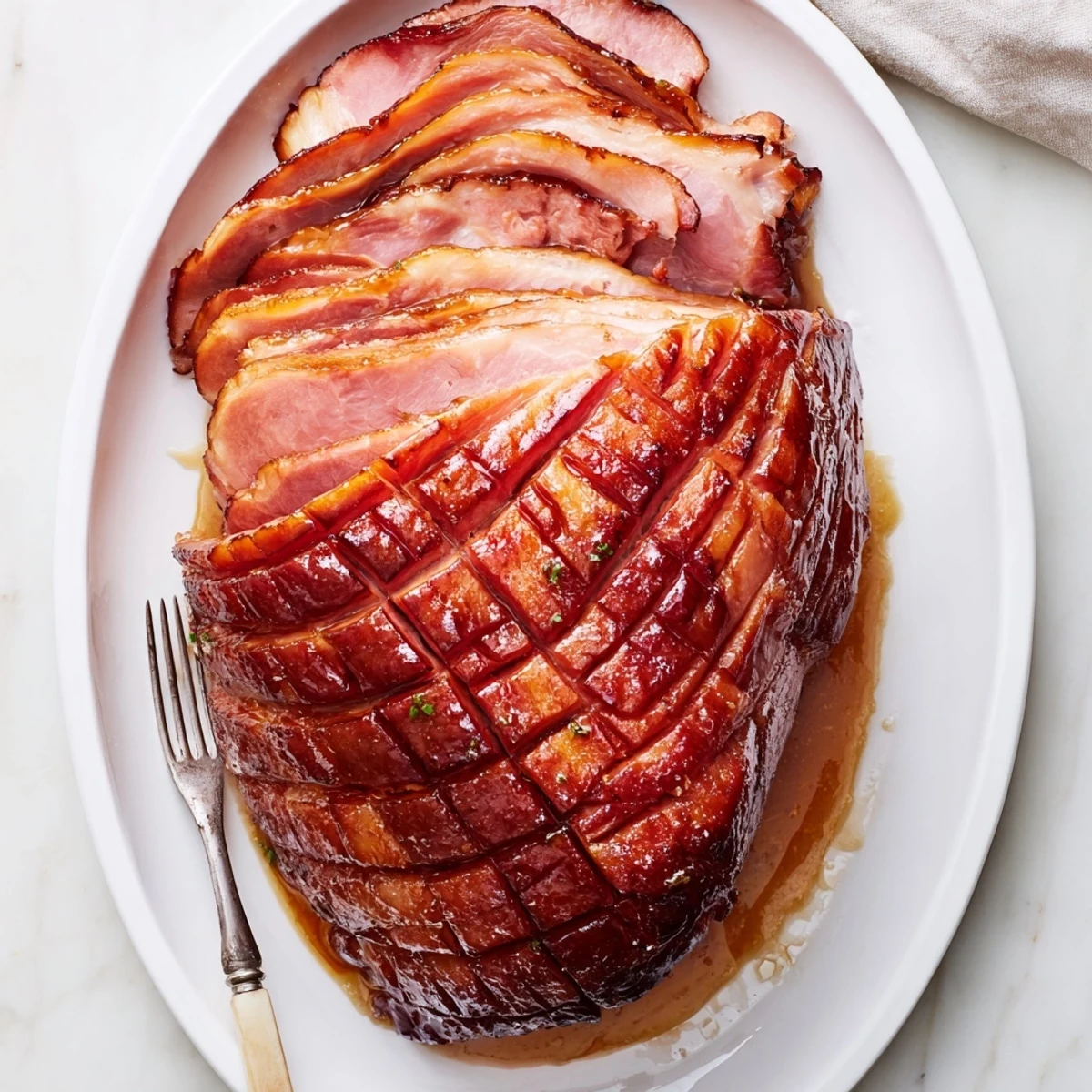 Golden-brown Baked Ham with Maple Dijon Glaze glistening on a platter, sliced and ready to serve for holiday dinners.