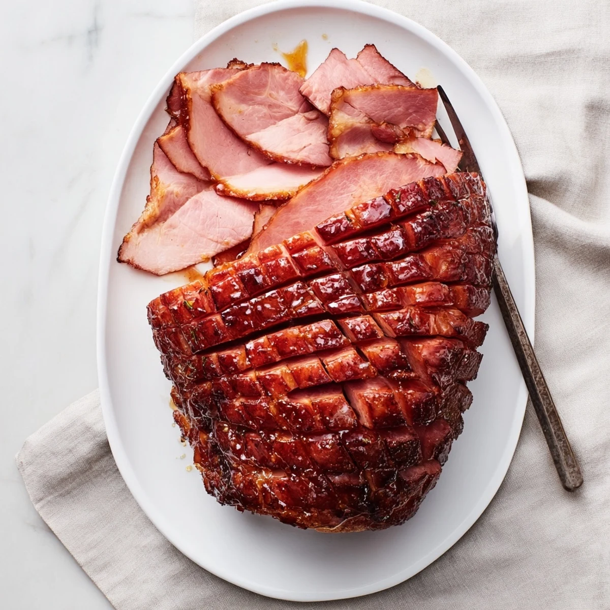 Tender Baked Ham with Maple Dijon Glaze garnished with herbs, perfect alongside roasted vegetables and creamy mashed potatoes.