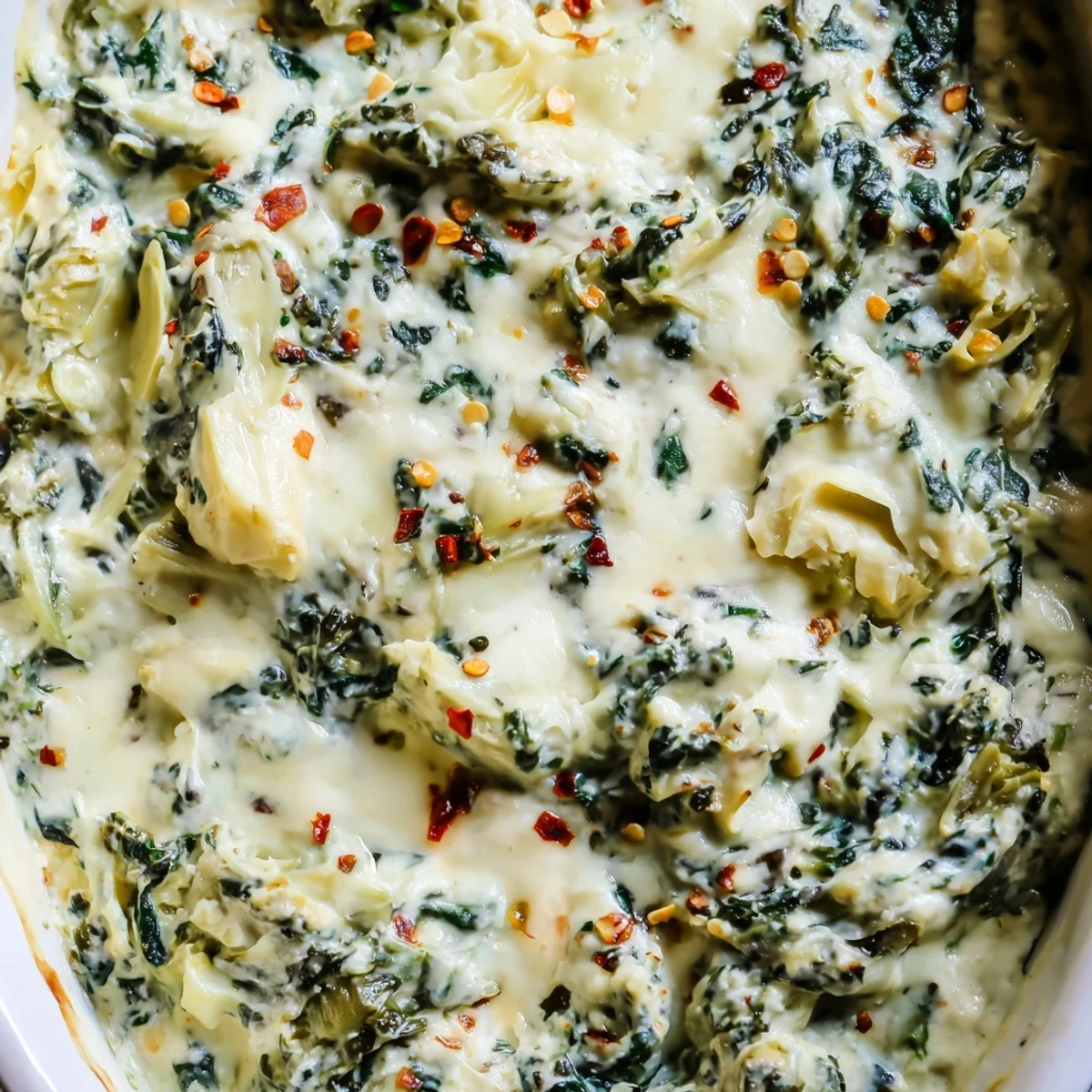 A close-up of Spinach Artichoke Dip Ultimate Recipe, creamy and golden, paired with sliced baguette and fresh vegetable sticks for dipping.