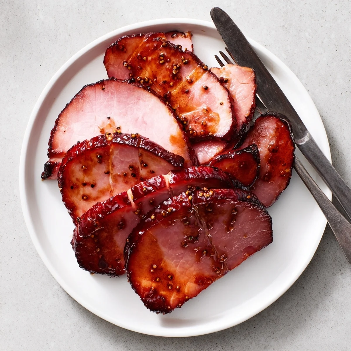 A close-up of the Brown Sugar Mustard Glazed Ham, glistening with a sticky, caramelized glaze and scored lines ready for slicing.