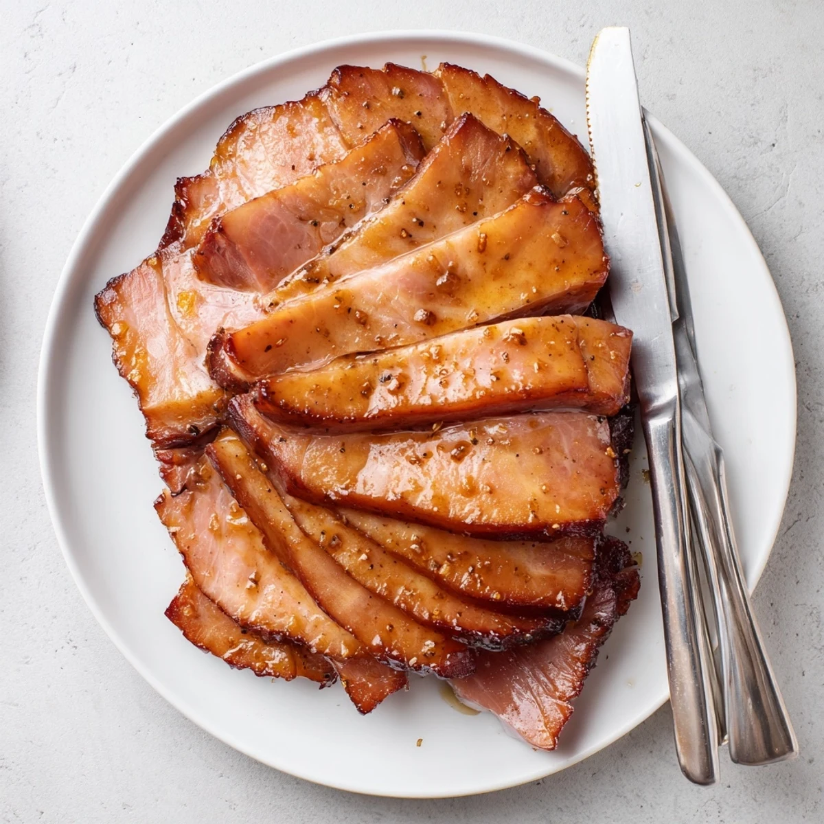 Sliced Brown Sugar Mustard Glazed Ham served on a platter with roasted vegetables, showcasing tender meat and a glossy sauce.