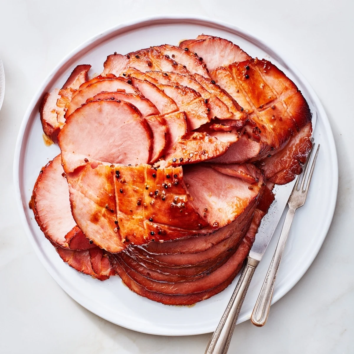 Freshly baked Brown Sugar Mustard Glazed Ham resting on a cutting board, steam rising from the golden-brown, mustard-infused crust.