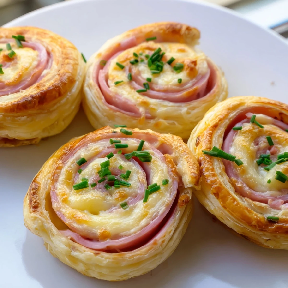 Golden-brown Ham and Cheese Pinwheels on a rustic wooden board with fresh chives.