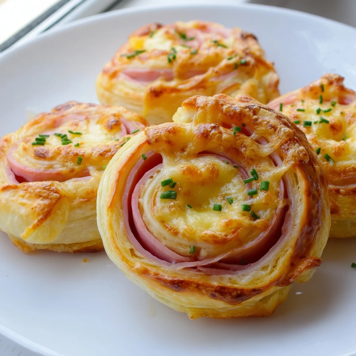 Freshly baked Ham and Cheese Pinwheels with flaky pastry and melty cheese filling.