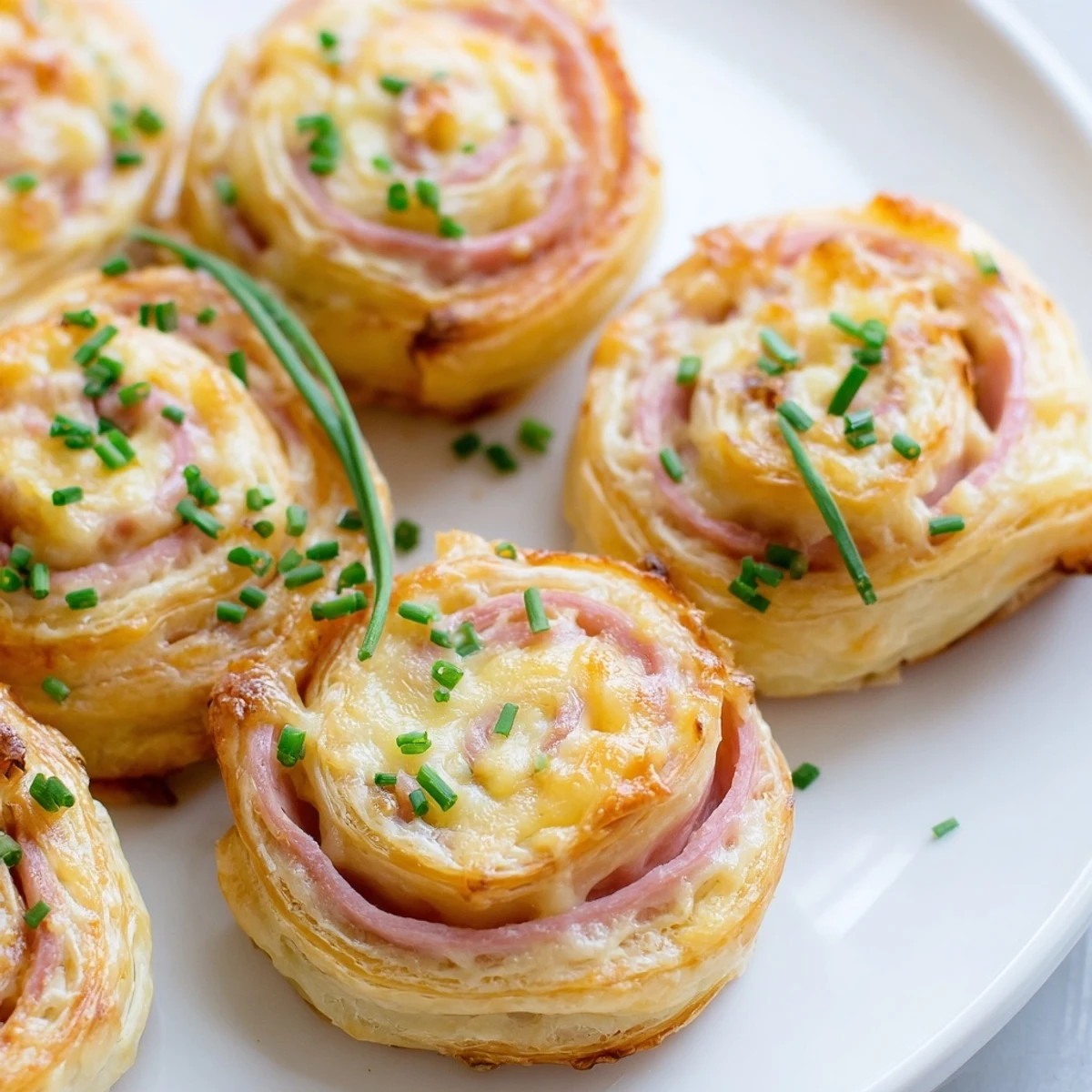 Savory Ham and Cheese Pinwheels served warm on a marble countertop for appetizers.