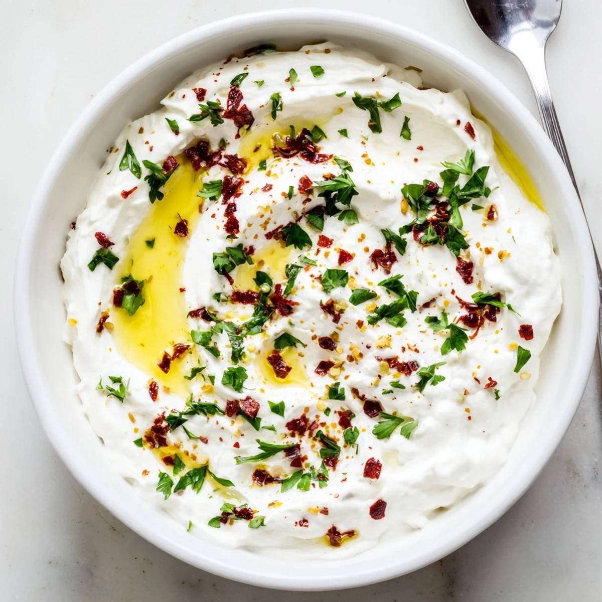A bowl of creamy Tyrokafteri Greek dip garnished with parsley and red pepper flakes, served with pita bread.