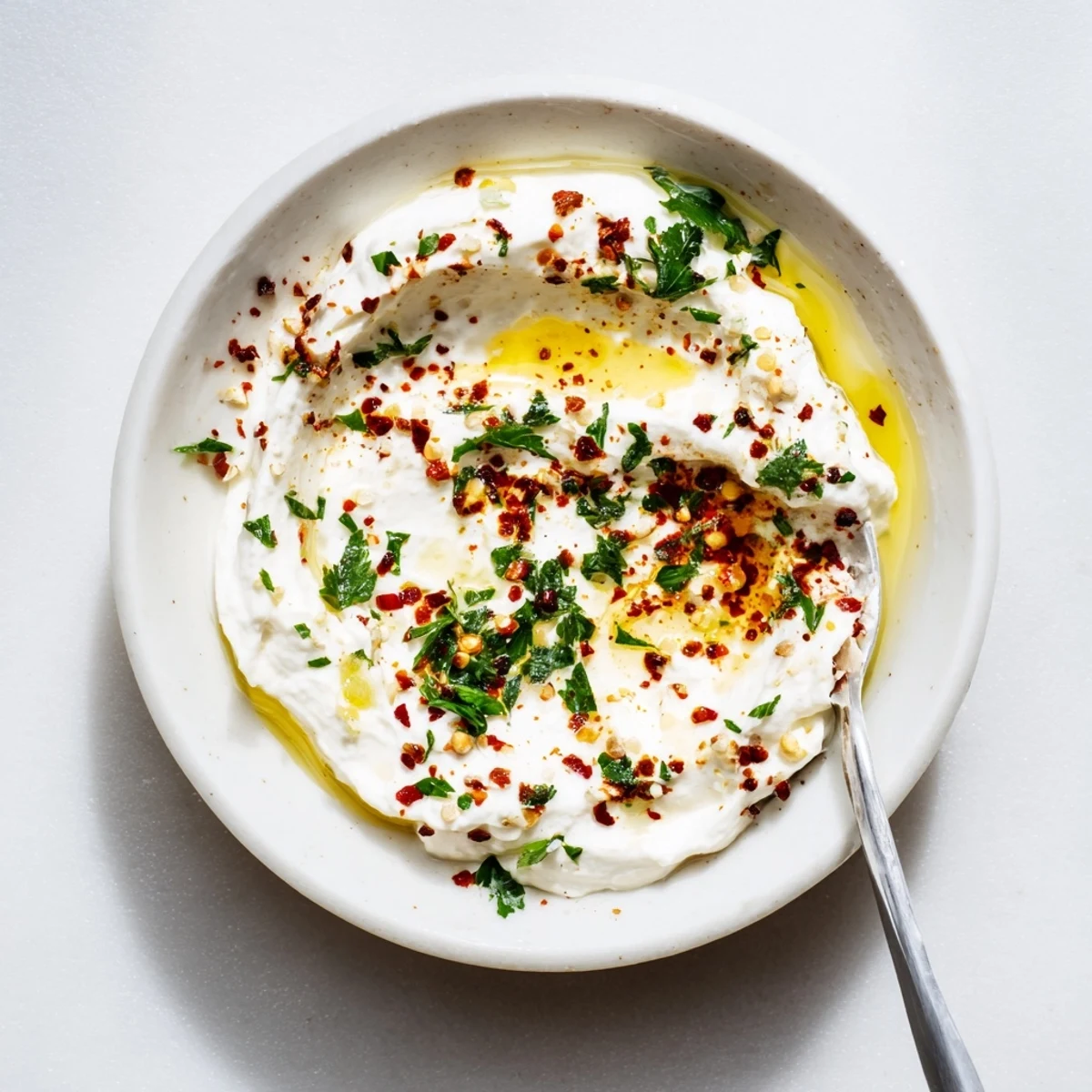 Tyrokafteri dip in a rustic bowl with crumbled feta, spicy peppers, and a drizzle of olive oil for serving.