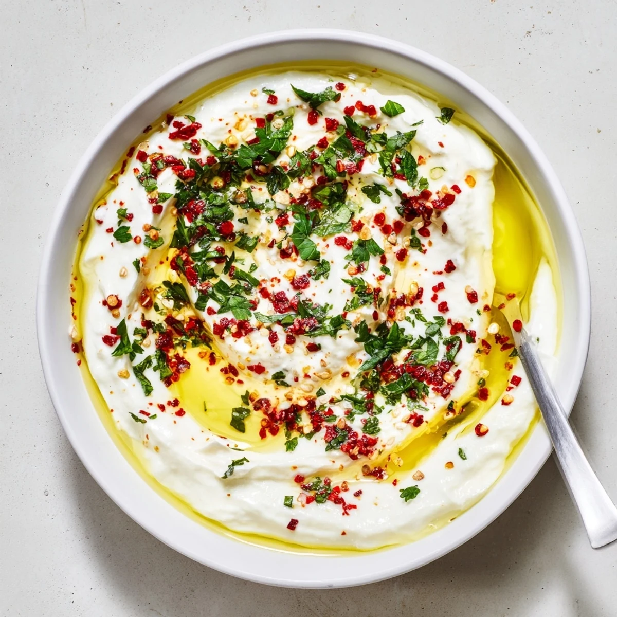 Spicy Tyrokafteri Greek dip topped with fresh herbs, ready to enjoy with warm pita and colorful vegetable sticks.