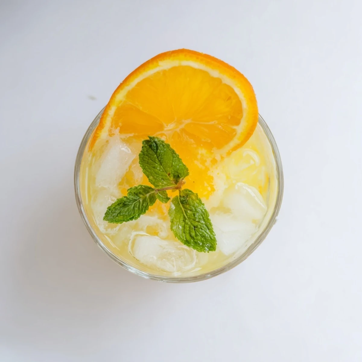 A tall glass of the Refreshing Coconut Orange Glow beverage, filled with ice cubes and garnished with a fresh orange slice and mint leaves, ready to sip on a sunny day.