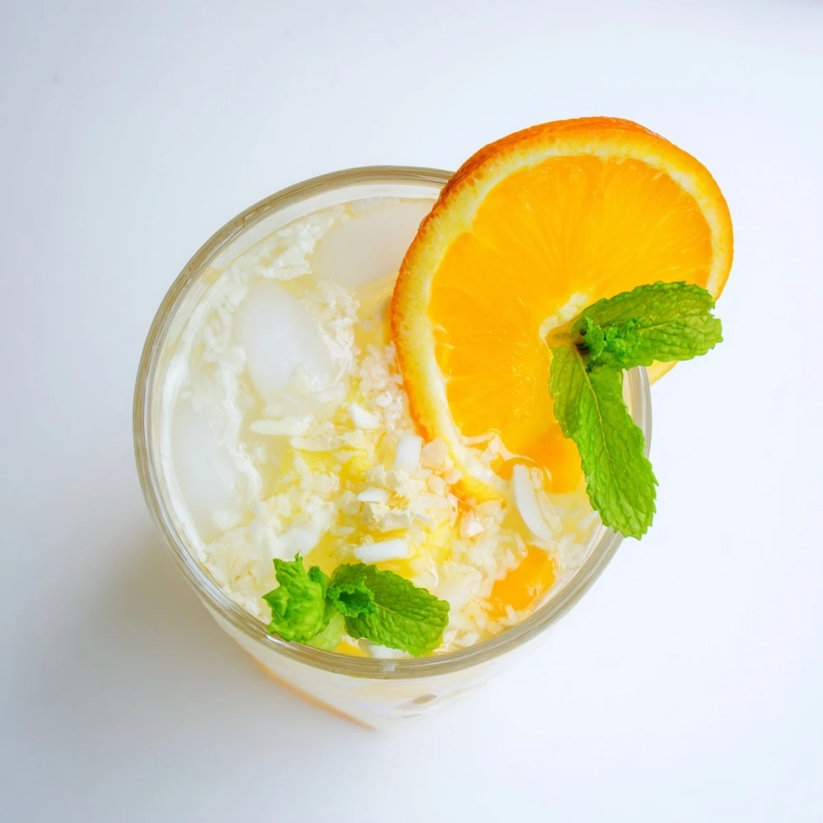 Close-up shot of the Refreshing Coconut Orange Glow in a clear glass over ice, highlighting the bubbly texture and garnish of mint and orange, perfect for summer hydration.