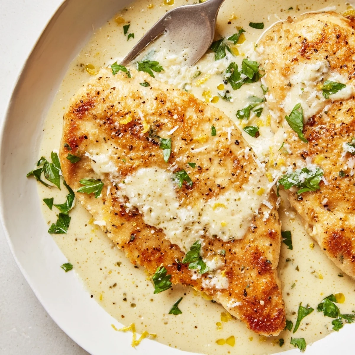 Creamy Parmesan Lemon Chicken served over pasta with a velvety citrus cream sauce and fresh parsley garnish.