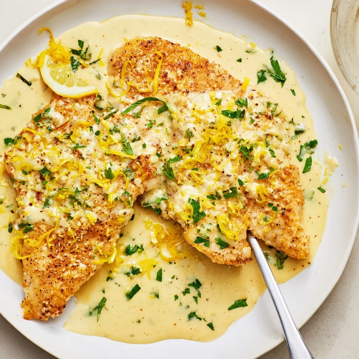Close-up of Creamy Parmesan Lemon Chicken in a skillet, creamy sauce bubbling and cheese melting for a comforting meal.