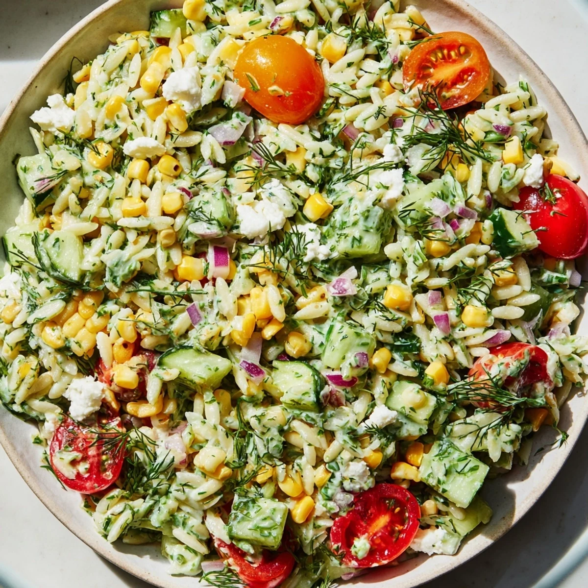 A vibrant bowl of Grilled Corn Orzo Salad with Scallion Dill Dressing, featuring charred corn kernels and fresh dill garnish.