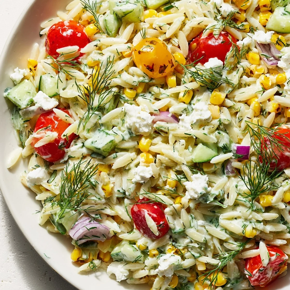 Grilled Corn Orzo Salad with Scallion Dill Dressing is topped with crumbled feta and served on a sunny picnic table.