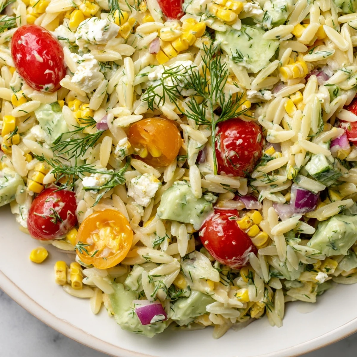 This Grilled Corn Orzo Salad with Scallion Dill Dressing is tossed with cherry tomatoes and cucumbers in a creamy dressing.