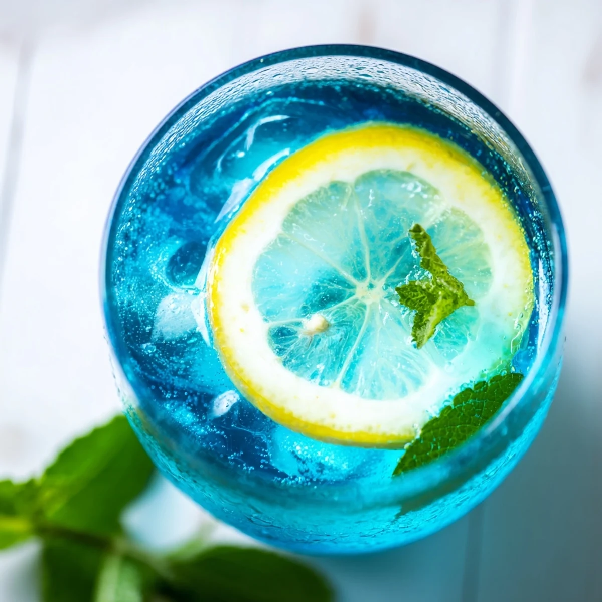 A glass of Blue Spirulina Lemonade shows bright blue color with fresh lemon slices and mint.  