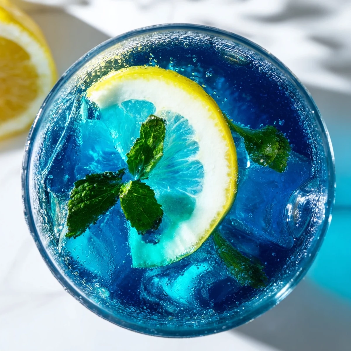 Blue Spirulina Lemonade in a tall glass over ice with lemon wedges and mint sprig.  