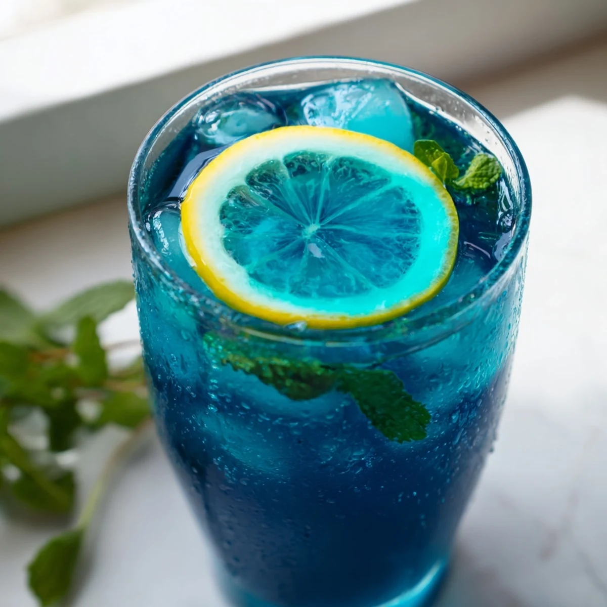 Vibrant Blue Spirulina Lemonade served in a pitcher with lemon rounds and mint, ready to pour.