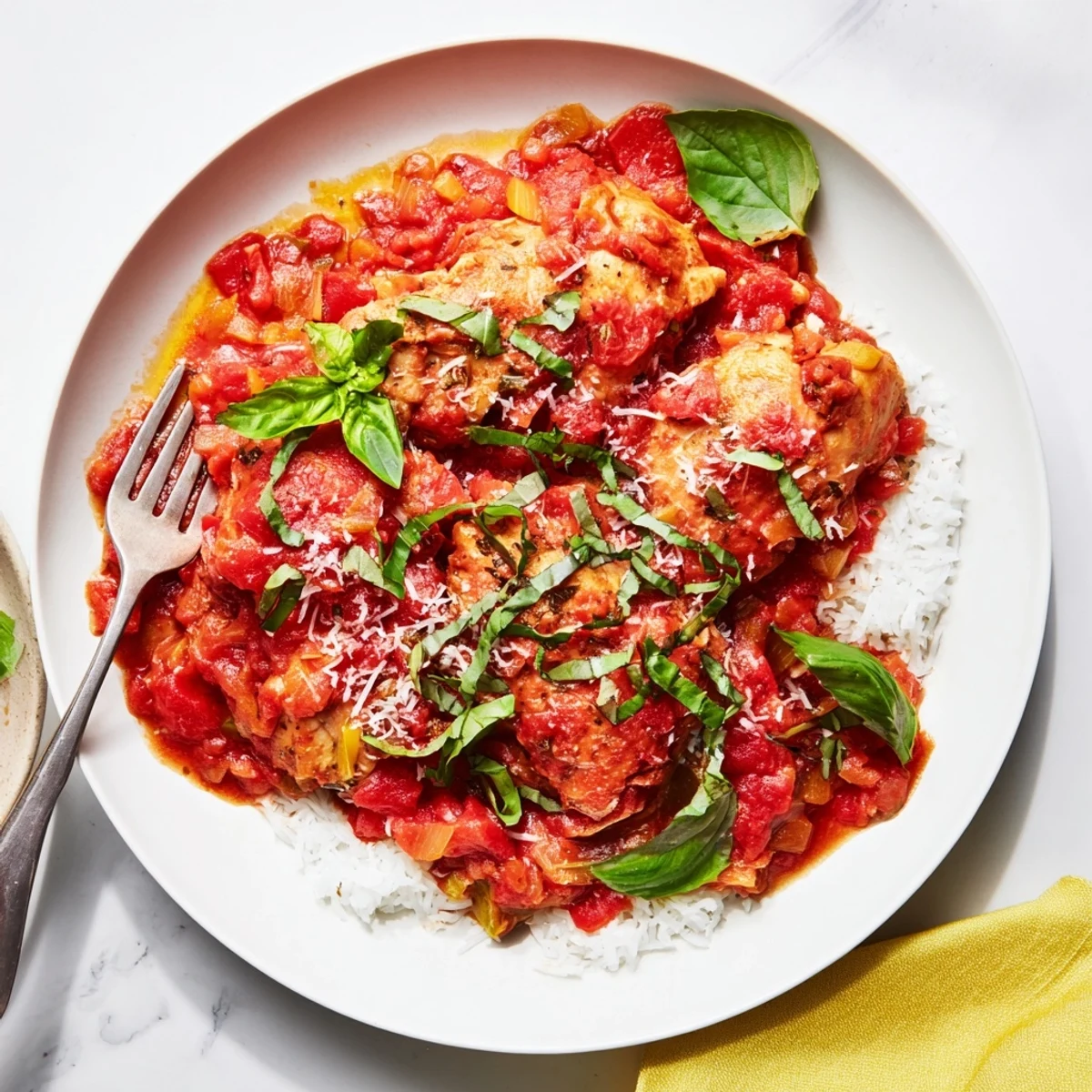 Tender chunks of Slow Cooker Tomato Basil Chicken are served over a bed of creamy polenta, with fresh basil and a side of crusty Italian bread nearby.