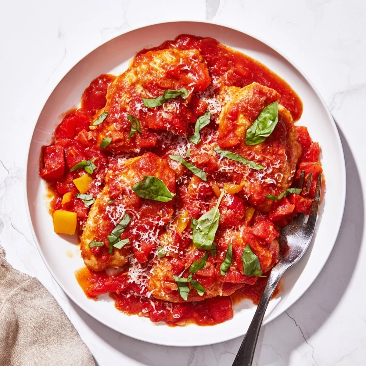 Golden-brown Slow Cooker Tomato Basil Chicken breasts rest in a rich, vibrant red tomato and basil sauce, garnished with fresh basil leaves and a sprinkle of Parmesan cheese.