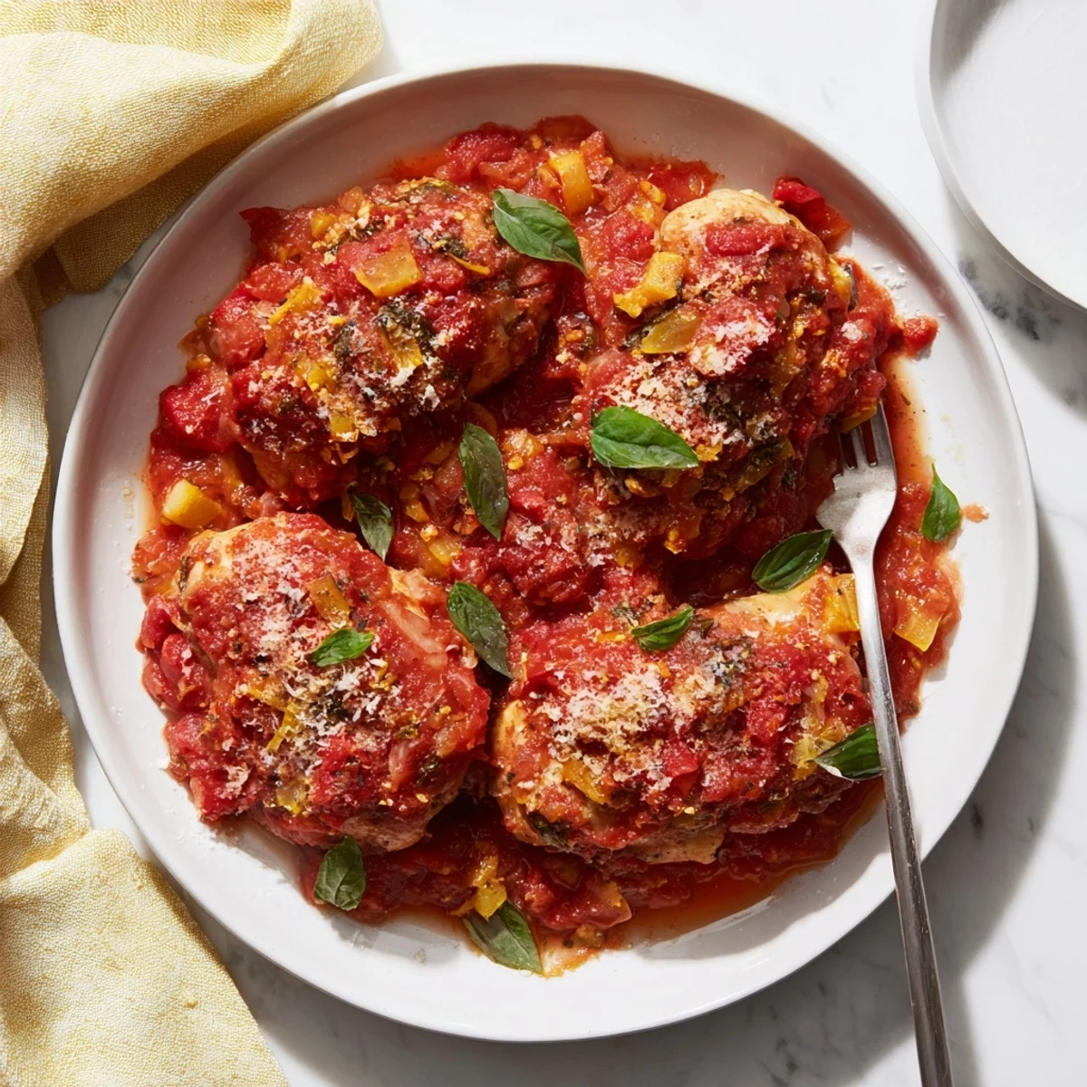 A close-up view of Slow Cooker Tomato Basil Chicken reveals shredded meat in a savory tomato sauce, topped with fresh basil and a drizzle of olive oil.