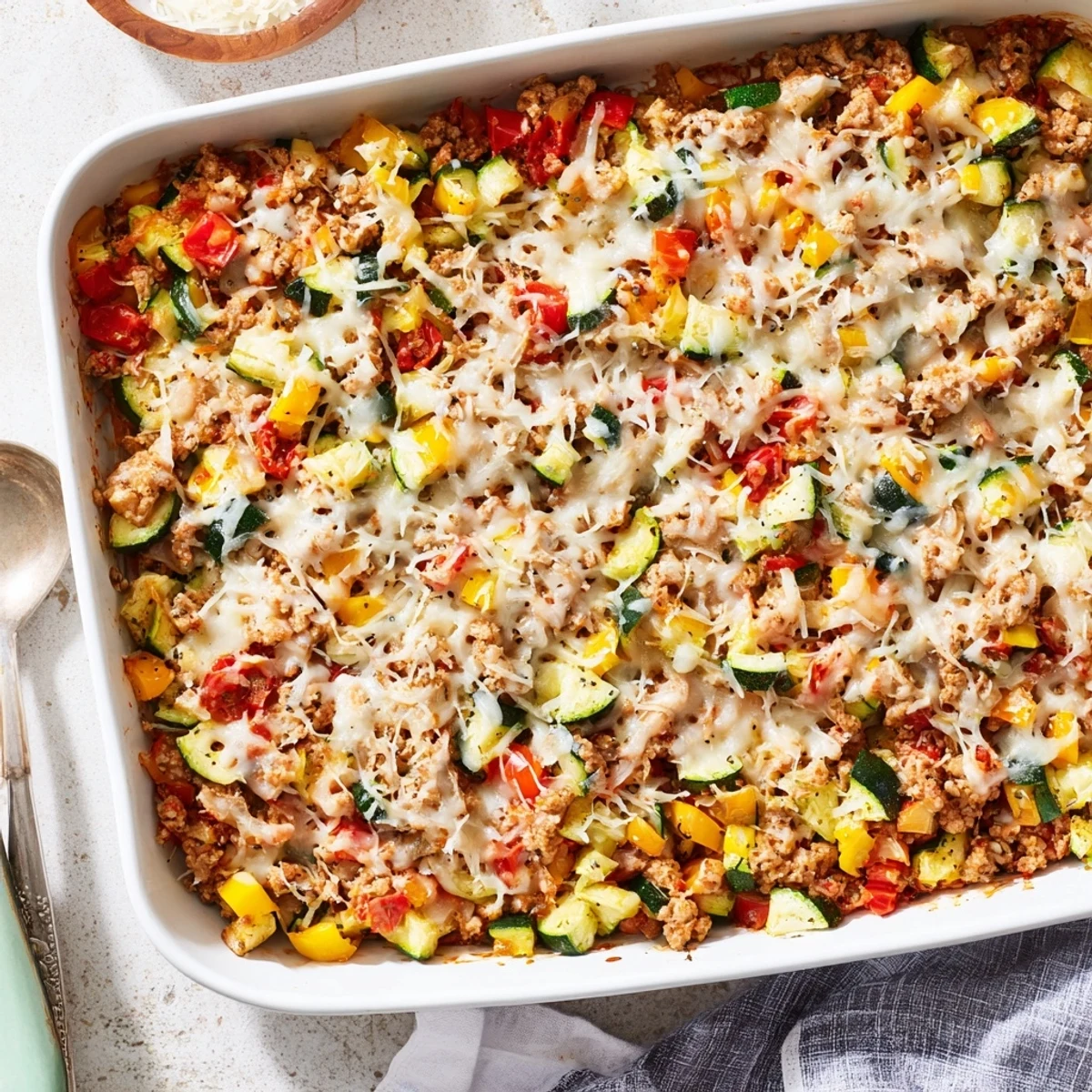 Golden-brown Easy Ground Turkey Zucchini Casserole in a baking dish with melted mozzarella and Parmesan topping, ready to serve.