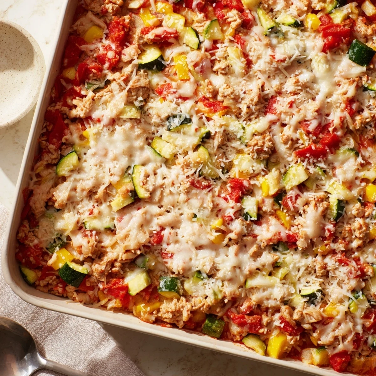 Easy Ground Turkey Zucchini Casserole fresh from the oven with a golden cheese crust, served in a square pan.