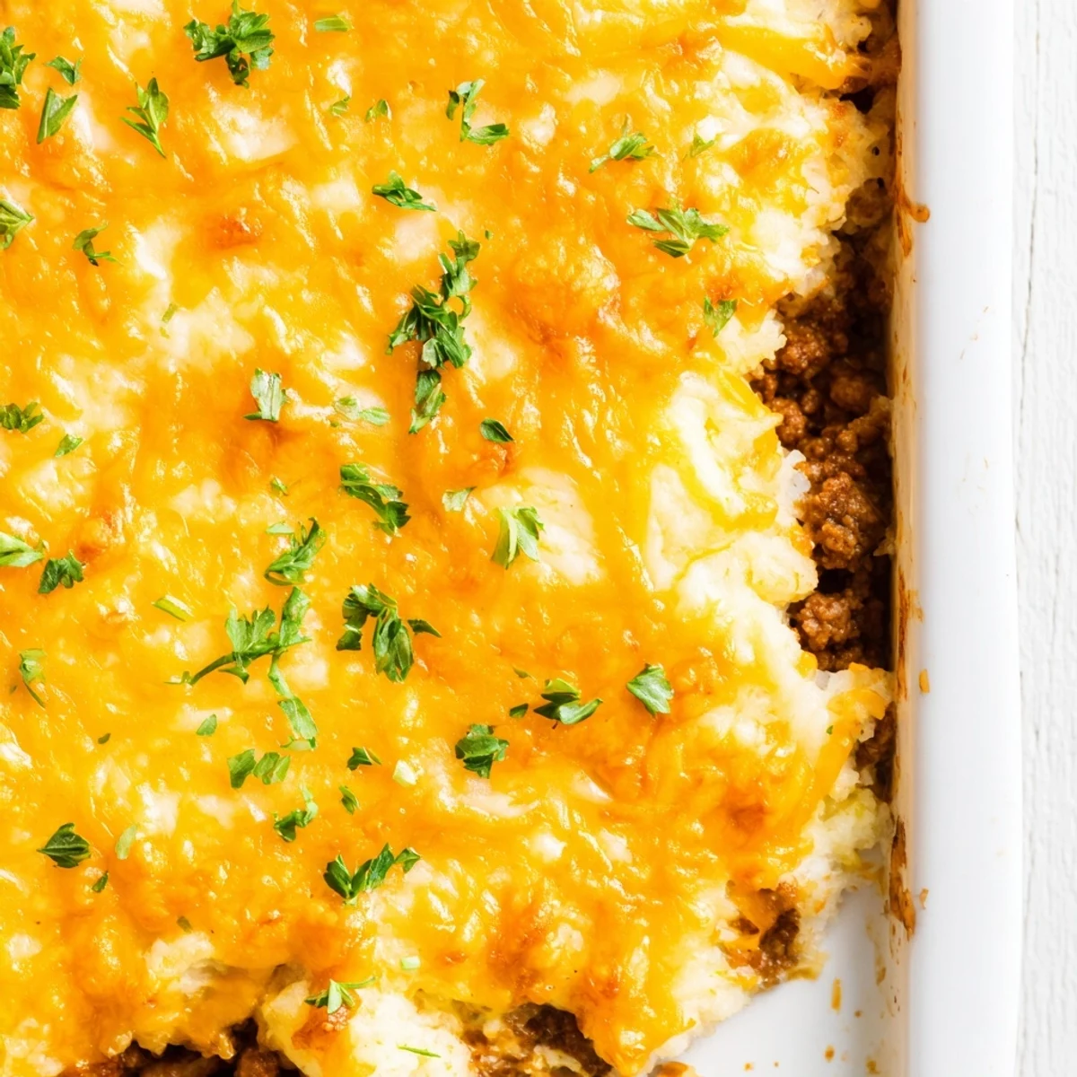 Golden brown and bubbly cheese tops this Ground Beef Casserole with Cauliflower Rice served in a white baking dish.
