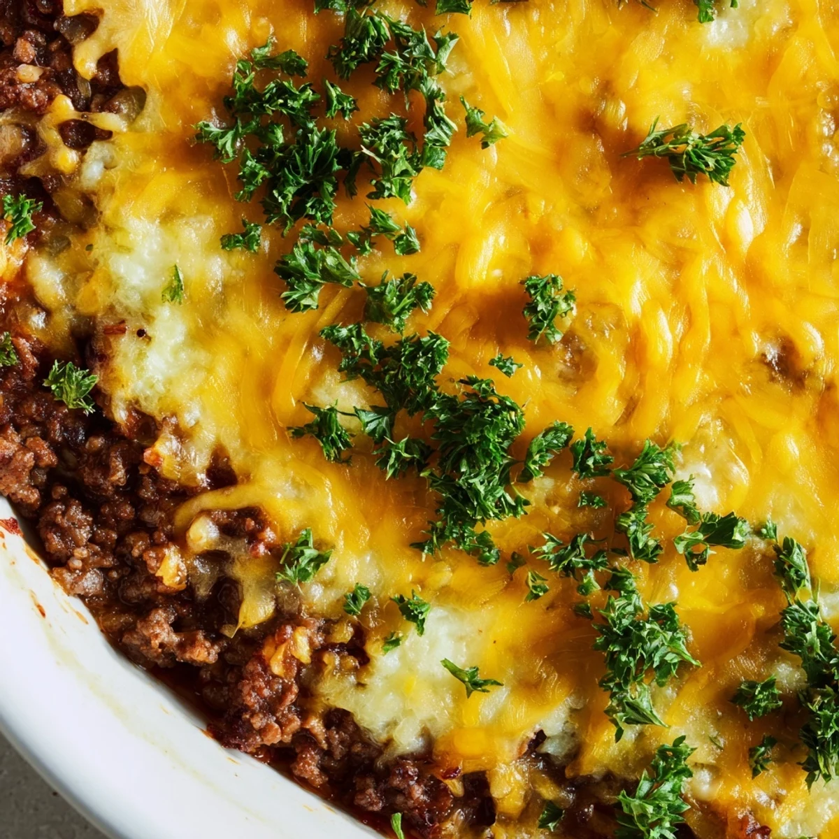 Fresh parsley garnish highlights the Ground Beef Casserole with Cauliflower Rice on a rustic wooden table.